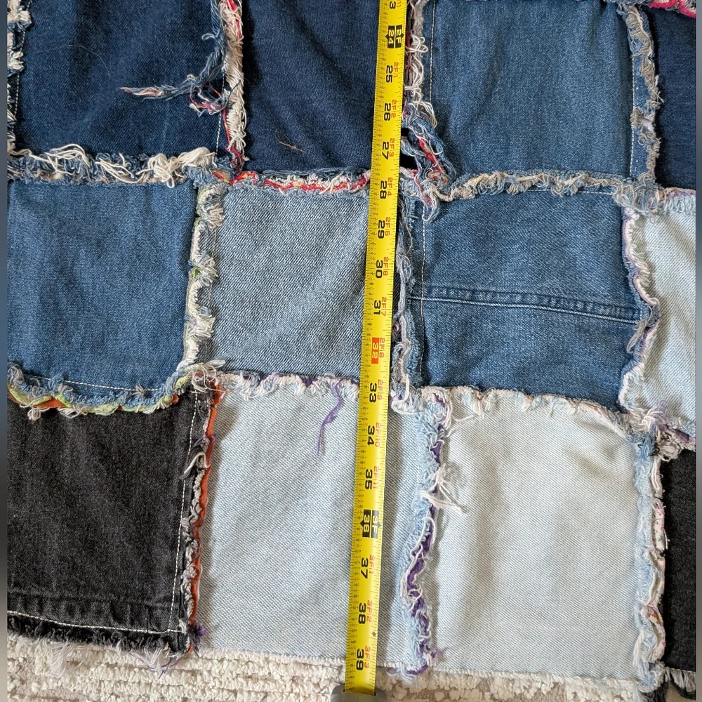 Frayed Denim Quilt made from recycled jeans, upcycled, patchwork, reversible
